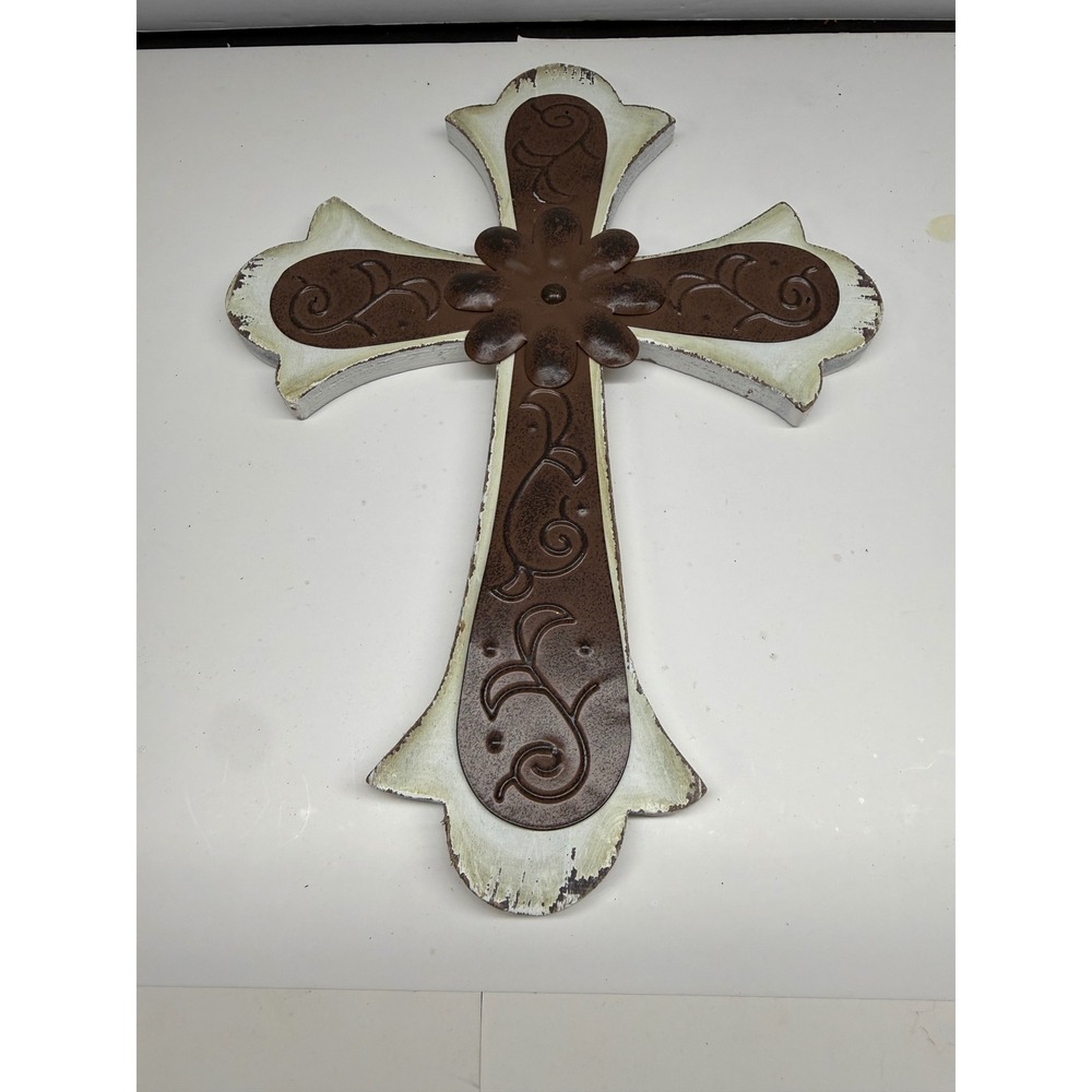Rustic Distressed Wood and Metal Layered Wall Cross Floral Scrollwork 12.5in